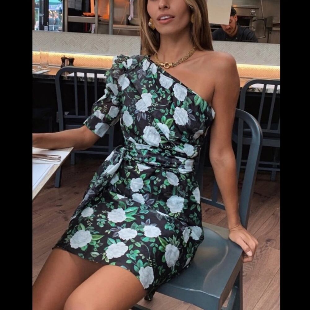 Talulah Tropo Dreams Dress Belted Black Green Floral One Shoulder Print S $320
